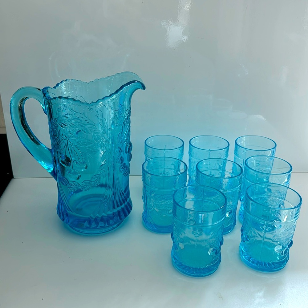 Vintage L.G. Wright Light Blue Glass Pitcher 8 Tumblers Glasses Set Cherries